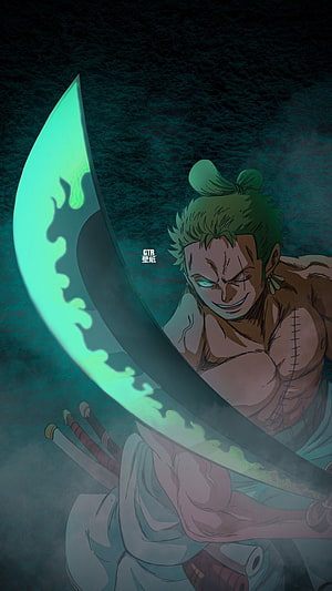 Roronoa Zoro Wielding Glowing Green Blade in Dark Anime Scene HD phone wallpaper