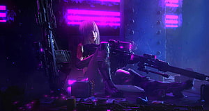 Cyberpunk Female Soldier with Sniper Rifle in Neon Purple Sci-Fi Setting HD wallpaper