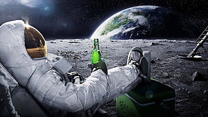 Astronaut Relaxing on the Moon Surface with a Green Bottle and Earth in the Background HD wallpaper