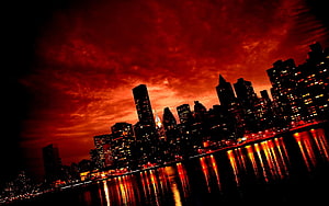 Dramatic Red Sky Over Manhattan Skyline at Night with Water Reflections HD wallpaper
