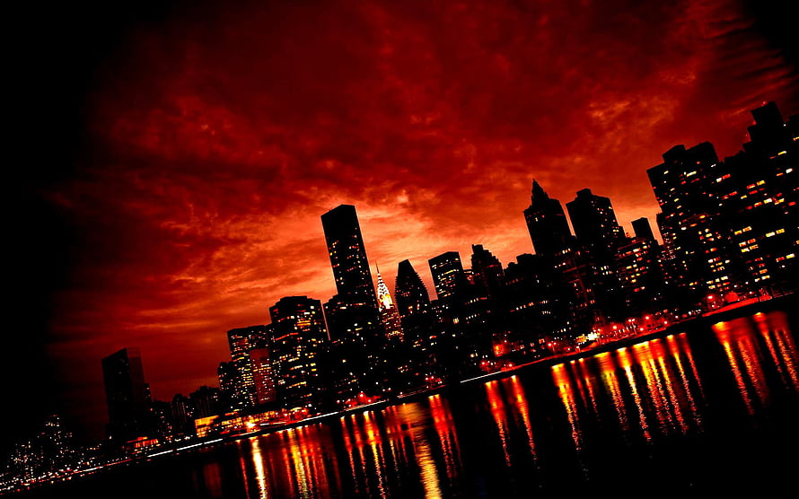 Dramatic Red Sky Over Manhattan Skyline at Night with Water Reflections HD wallpaper