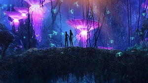 Two Silhouetted Figures Gazing at Bioluminescent Flora on Pandora from Avatar HD wallpaper