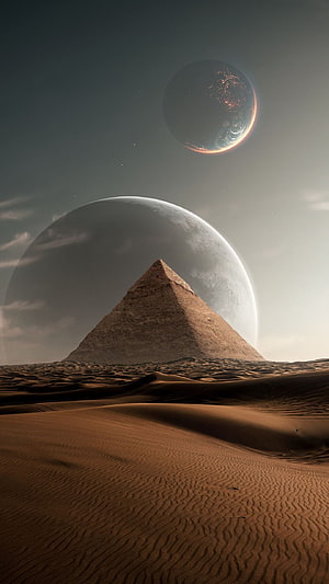 Ancient Pyramid Rising from Alien Desert Dunes Under Two Giant Moons HD phone wallpaper