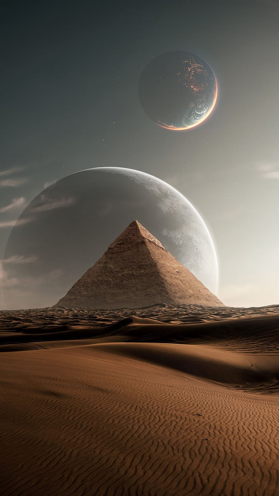 Ancient Pyramid Rising from Alien Desert Dunes Under Two Giant Moons HD phone wallpaper