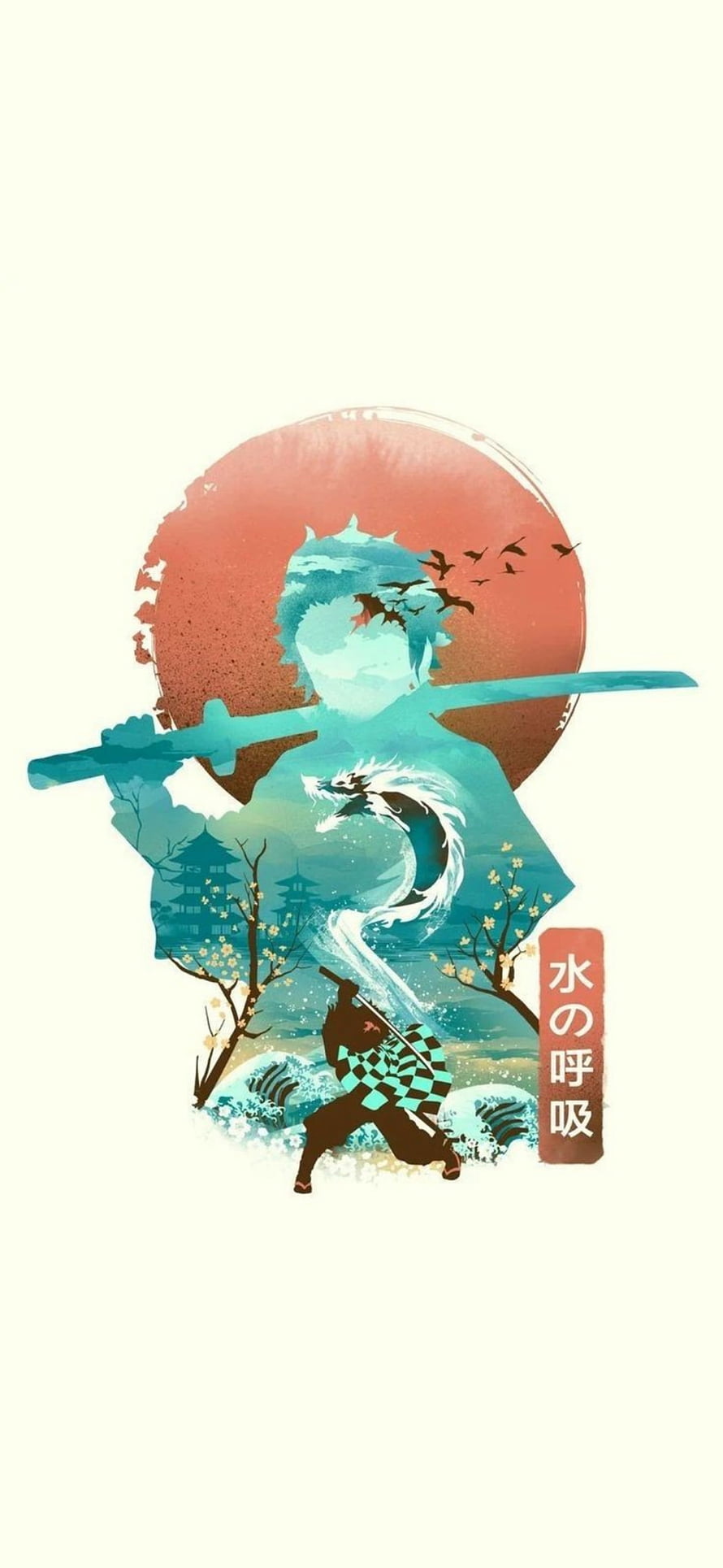 Demon Slayer Water Breathing Double Exposure Art with Tanjiro Kamado and Japanese Landscape HD phone wallpaper