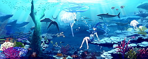Hatsune Miku Underwater Scene with Coral Reef, Fish, and Sunlight Rays HD wallpaper