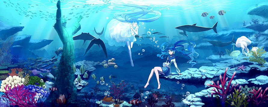 Hatsune Miku Underwater Scene with Coral Reef, Fish, and Sunlight Rays HD wallpaper