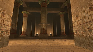 Ancient Egyptian Temple Interior With Carved Pillars And Hieroglyphs HD wallpaper
