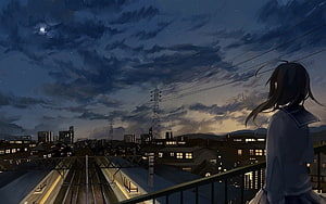 Anime Girl in School Uniform Gazing at Starry Night Sky Over City Railway HD wallpaper