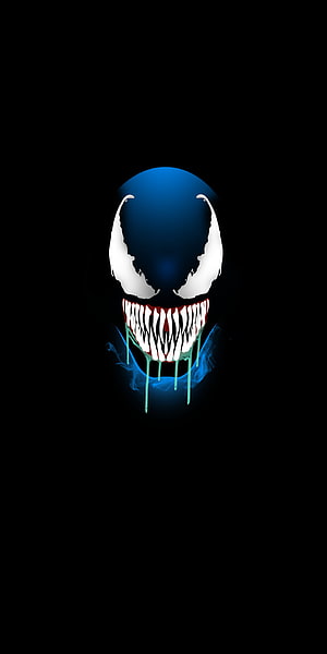 Venom Symbiote Face with Glowing Blue Eyes and Dripping Venom on Black Background HD phone wallpaper