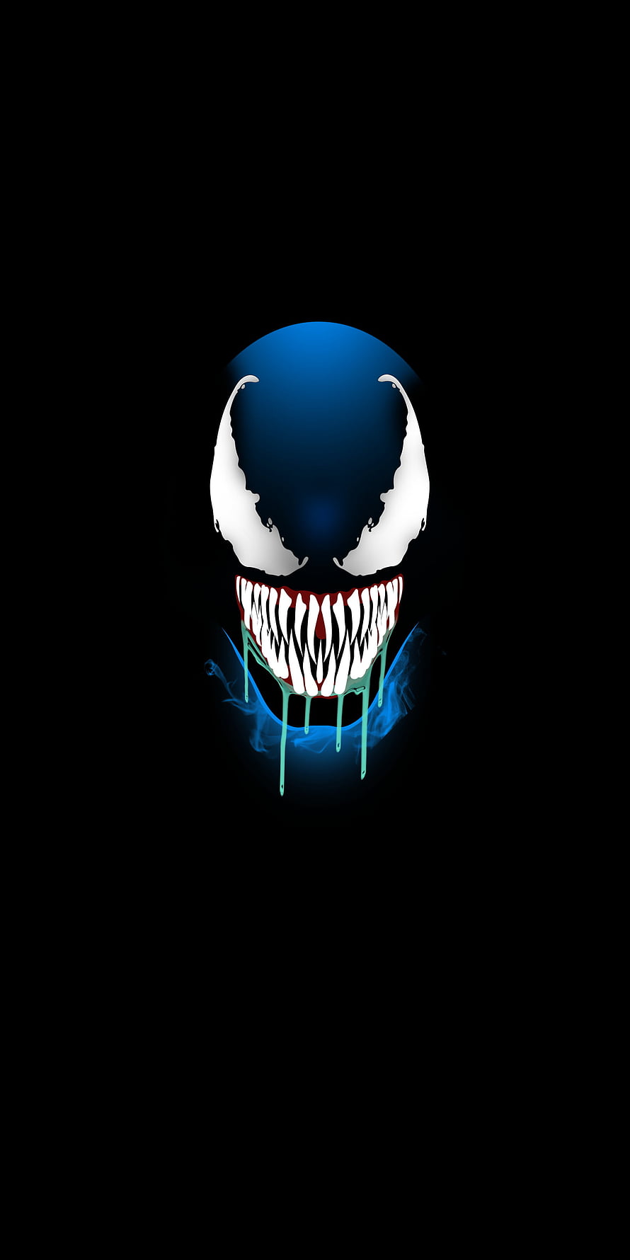 Venom Symbiote Face with Glowing Blue Eyes and Dripping Venom on Black Background HD phone wallpaper