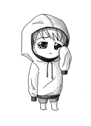 Sad Chibi Anime Boy in Hoodie Crying Pencil Sketch HD phone wallpaper