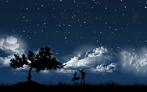 Romantic Couple Dancing Silhouette Under Starry Night Sky With Moonlit Clouds HD wallpaper