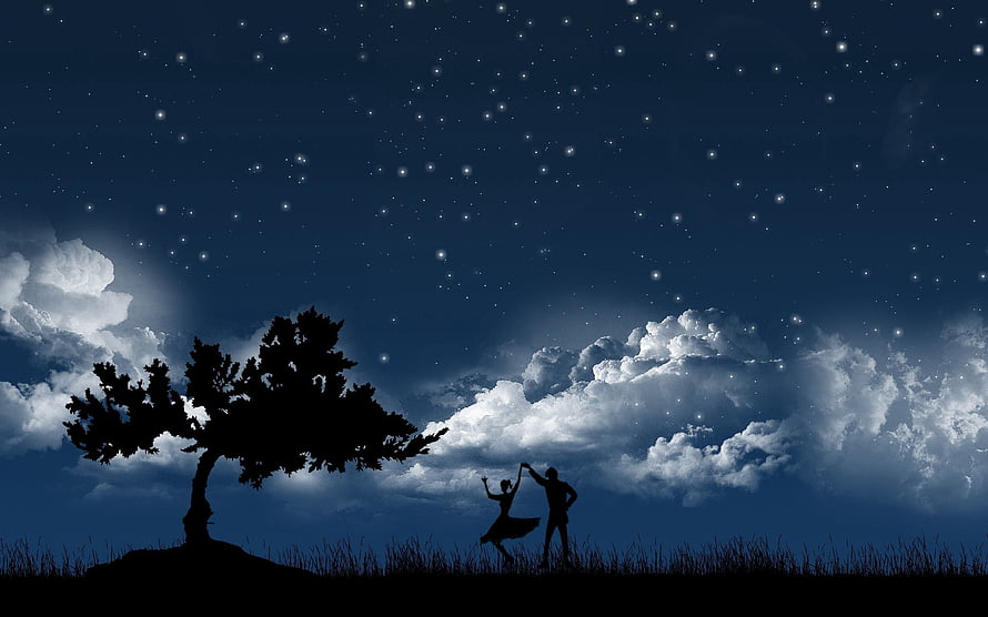 Romantic Couple Dancing Silhouette Under Starry Night Sky With Moonlit Clouds HD wallpaper