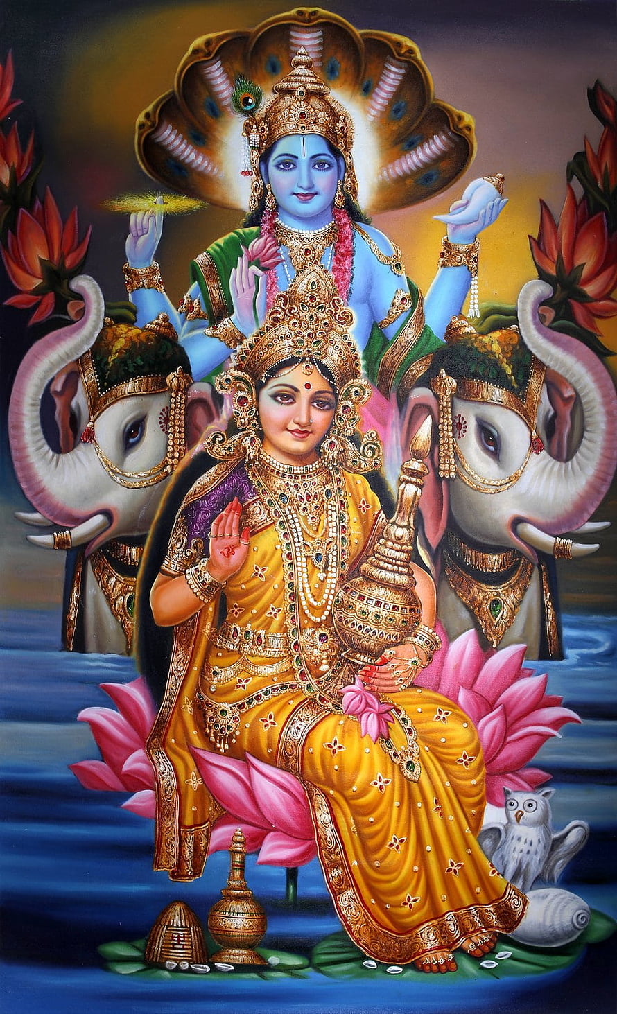 Goddess Lakshmi Seated on Lotus with Lord Vishnu and White Elephants in Traditional Indian Art HD phone wallpaper