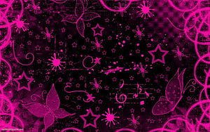 Pink and Black Emo Aesthetic Wallpaper with Stars, Butterflies, and Musical Notes HD wallpaper