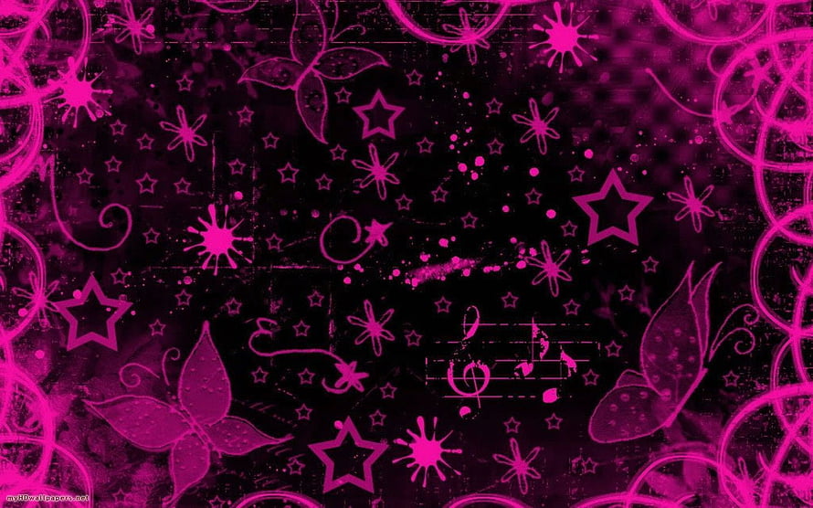 Pink and Black Emo Aesthetic Wallpaper with Stars, Butterflies, and Musical Notes HD wallpaper
