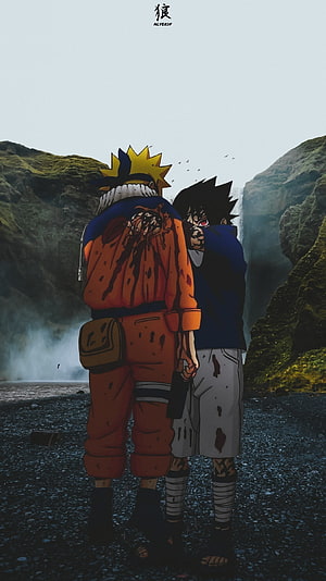 Naruto Uzumaki and Sasuke Uchiha Standing Together in a Misty Mountain Valley HD phone wallpaper