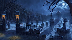 Eerie Moonlit Cemetery with Ancient Tombstones and Iron Gate in Dark Blue Night HD wallpaper