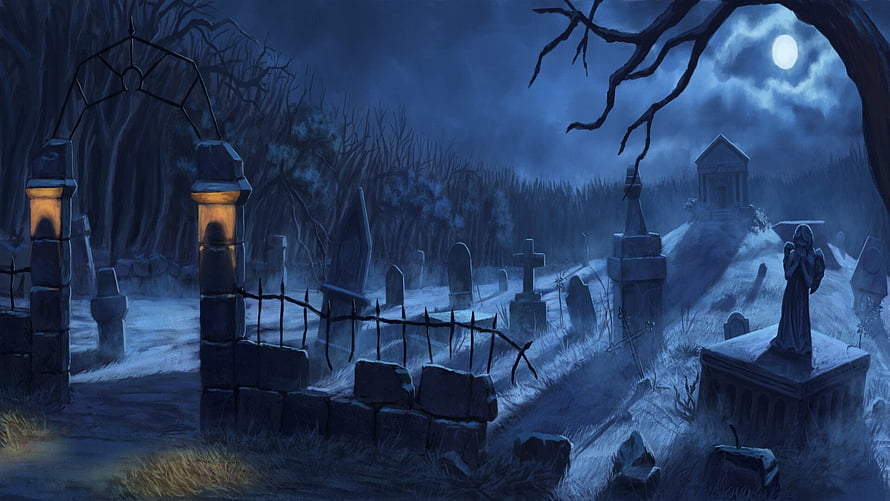 Eerie Moonlit Cemetery with Ancient Tombstones and Iron Gate in Dark Blue Night HD wallpaper