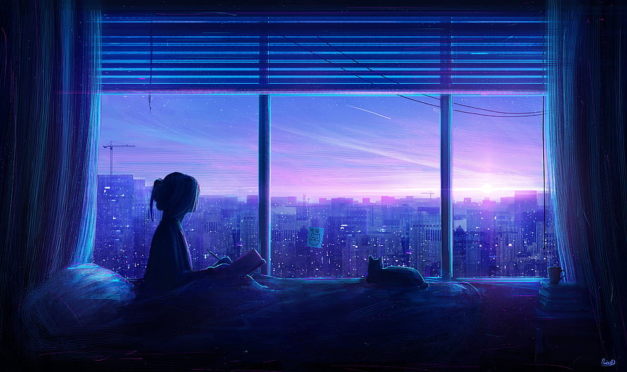 Girl Reading by Window at Dusk with City Skyline and Cat HD wallpaper