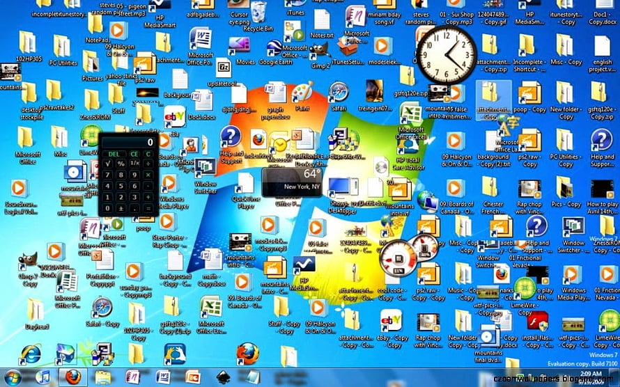 Cluttered Windows 7 Desktop with Icon Overload and Calculator Widget HD wallpaper