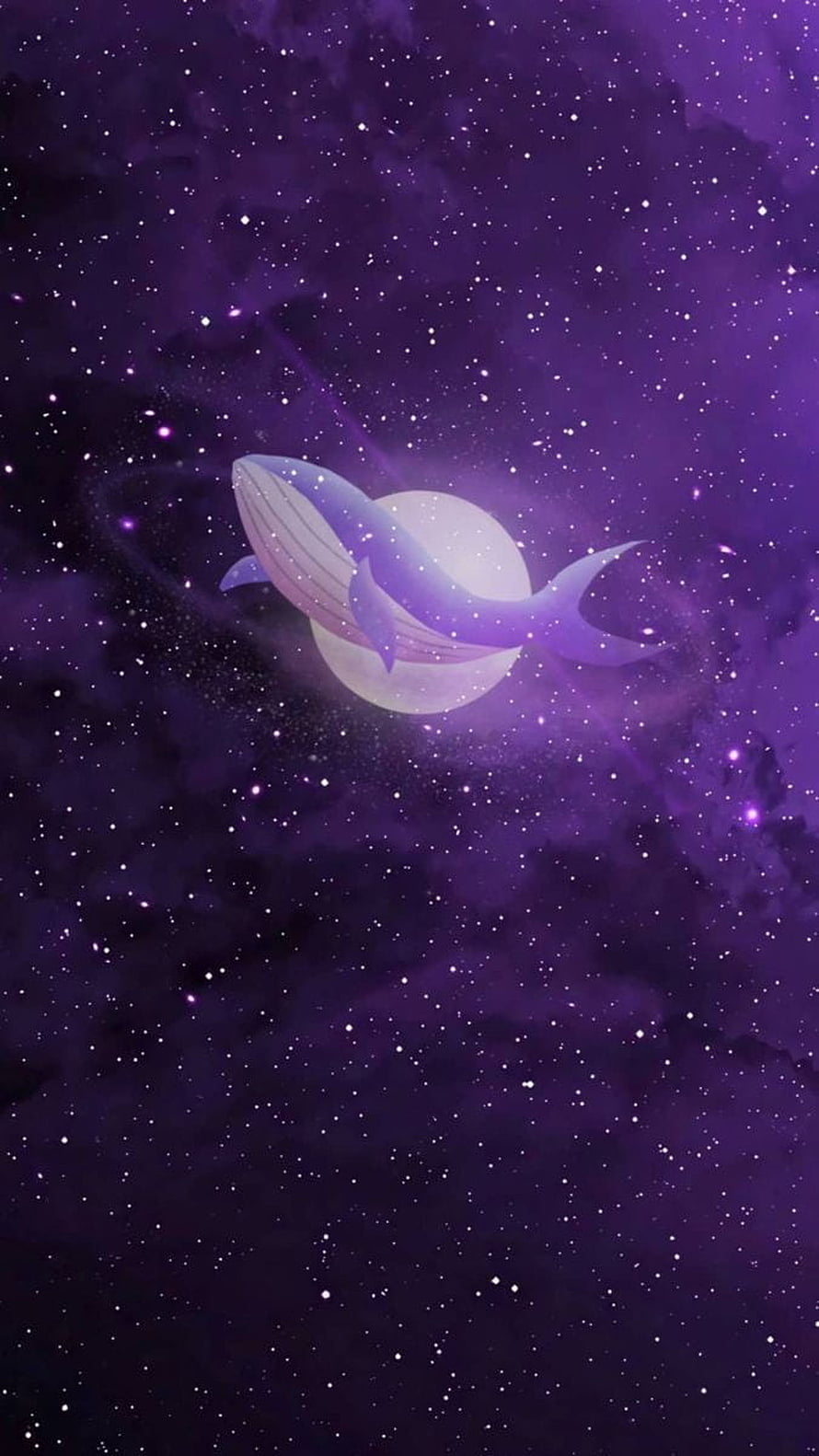 Dreamy Purple Space Whale Swimming Past a Glowing Moon in a Starry Nebula HD phone wallpaper