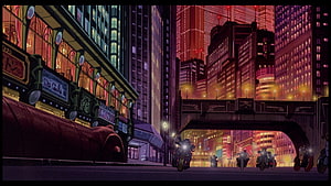 Neon-lit 90s anime cityscape with motorcycle riders under a bridge at night HD wallpaper