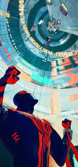Miles Morales and Miguel O'Hara in a Futuristic Spider-Verse Cityscape HD phone wallpaper
