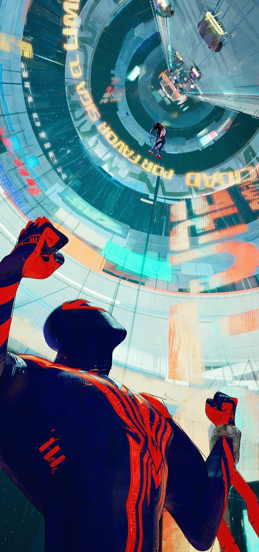 Miles Morales and Miguel O'Hara in a Futuristic Spider-Verse Cityscape HD phone wallpaper