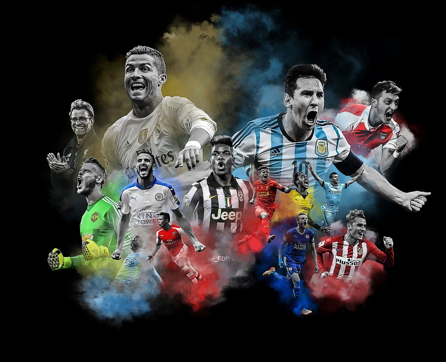 Cristiano Ronaldo and Lionel Messi Leading a Collage of Premier League and World Cup Soccer Legends HD wallpaper