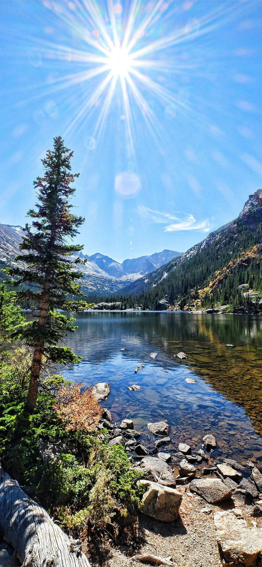 Rocky Mountains Alpine Lake with Sunburst and Evergreen Trees HD phone wallpaper