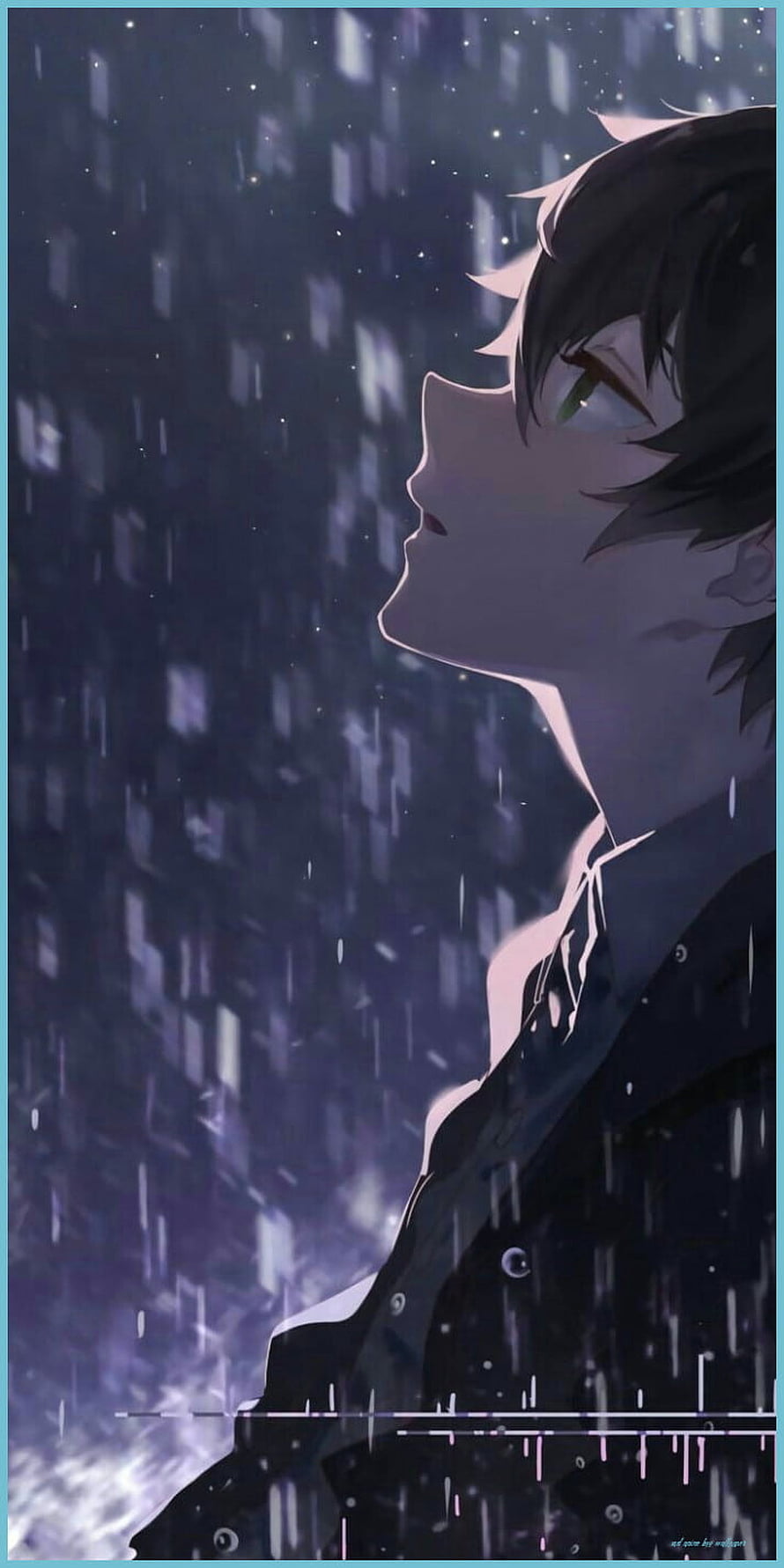 Melancholic Anime Boy Gazing Up in the Rain at Night HD phone wallpaper