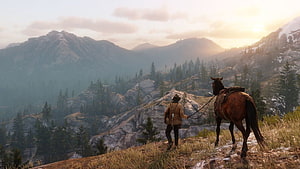 Red Dead Redemption 2 cowboy and horse overlooking mountain valley at sunset HD wallpaper