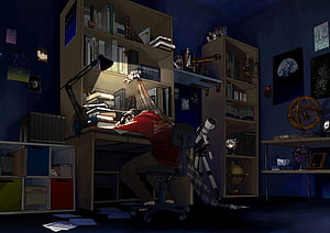 Anime Boy Studying Under Desk Lamp in Cluttered Bedroom with Telescope and Space Posters HD wallpaper