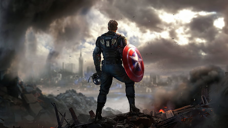Captain America Standing Over War-Torn City Ruins With Shield HD wallpaper