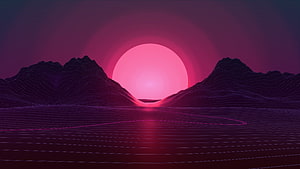 Vaporwave Sunset Over Wireframe Mountains with Neon Grid Horizon HD wallpaper