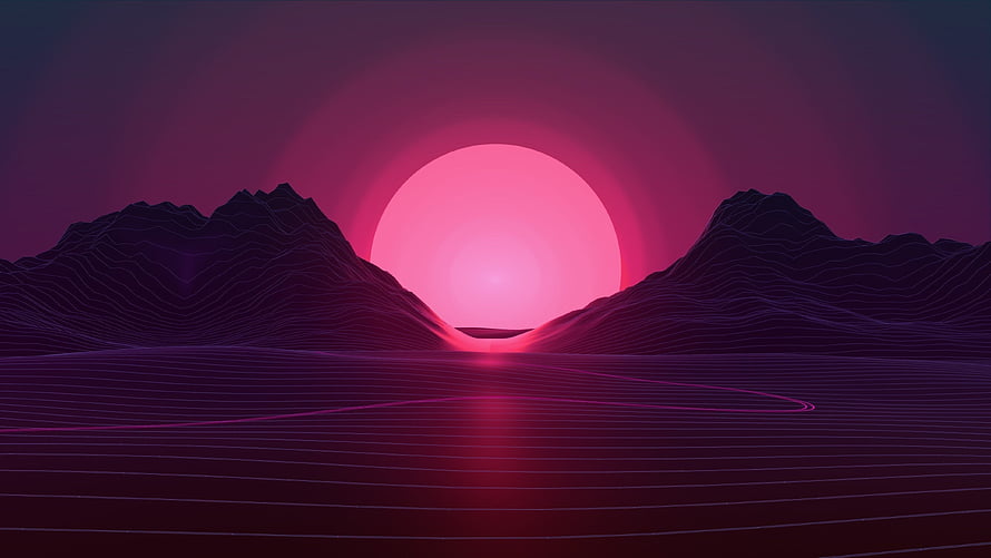 Vaporwave Sunset Over Wireframe Mountains with Neon Grid Horizon HD wallpaper