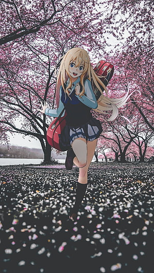 Kaori Miyazono from Your Lie in April Walking Through Cherry Blossoms HD phone wallpaper