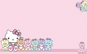 Hello Kitty and Tiny Chum pastel teddy bear row on pink dotted background HD wallpaper