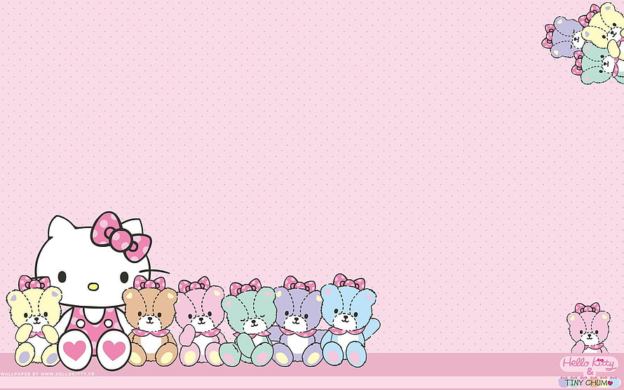 Hello Kitty and Tiny Chum pastel teddy bear row on pink dotted background HD wallpaper