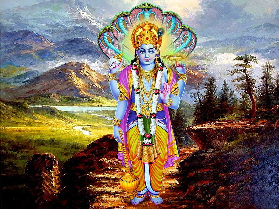 Lord Vishnu Standing in Mountain Landscape with Serpent Crown and Golden Ornaments HD wallpaper
