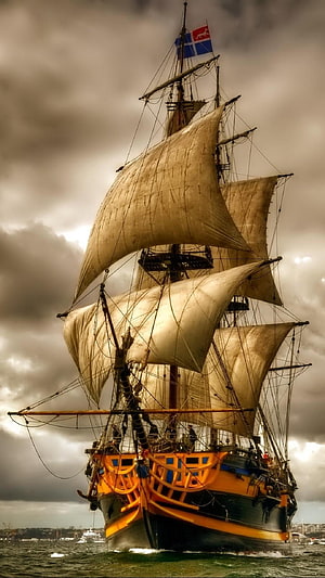 Historic Tall Ship With Billowing Sails Under Dramatic Stormy Skies HD phone wallpaper