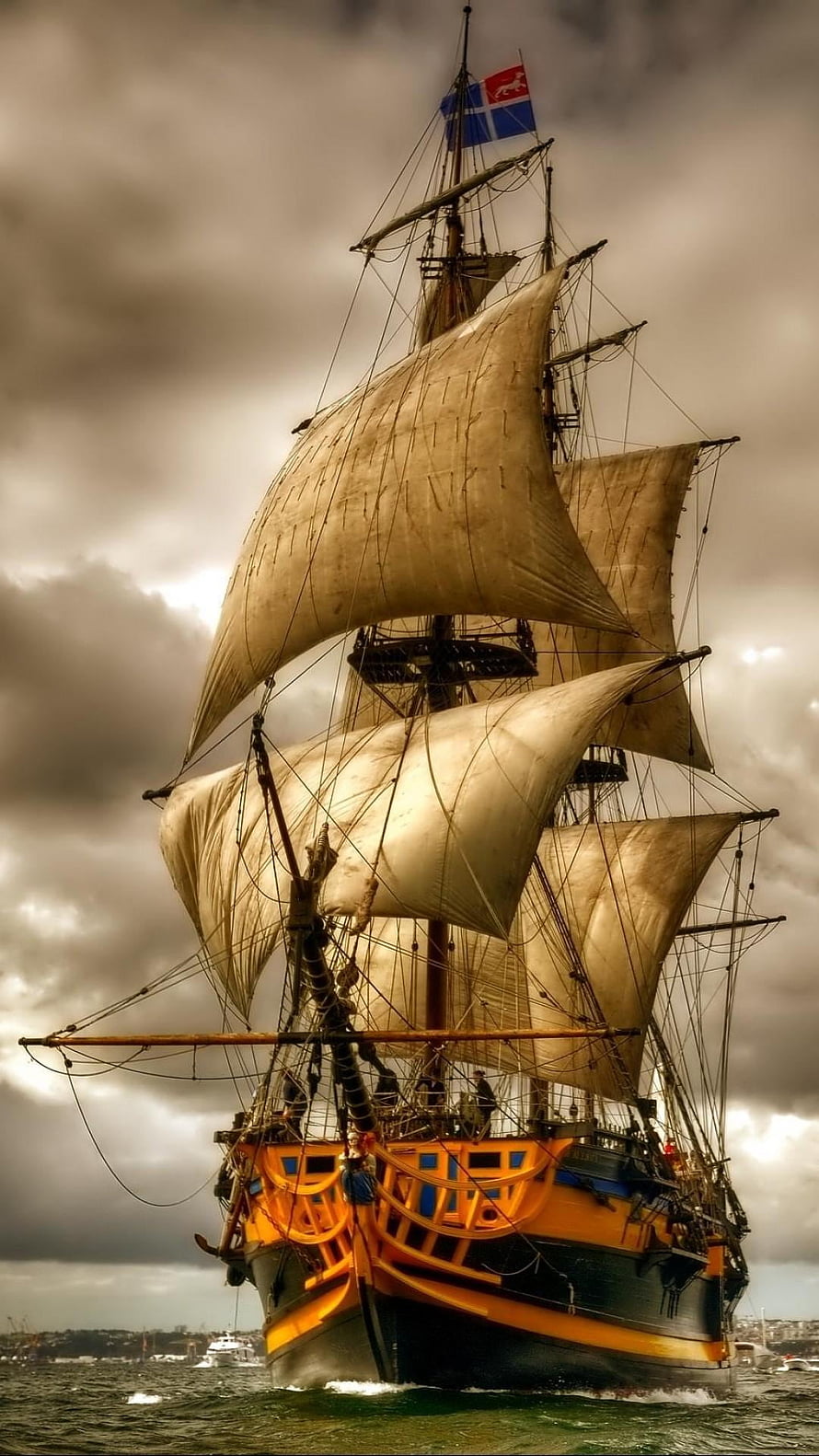Historic Tall Ship With Billowing Sails Under Dramatic Stormy Skies HD phone wallpaper