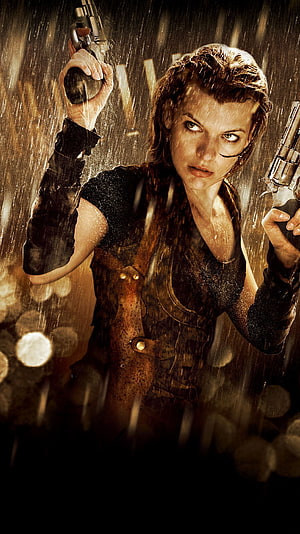 Milla Jovovich as Alice in Resident Evil Afterlife holding dual revolvers in the rain HD phone wallpaper