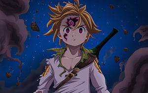 Meliodas from Seven Deadly Sins with dark mark on forehead and sword in dramatic night scene HD wallpaper