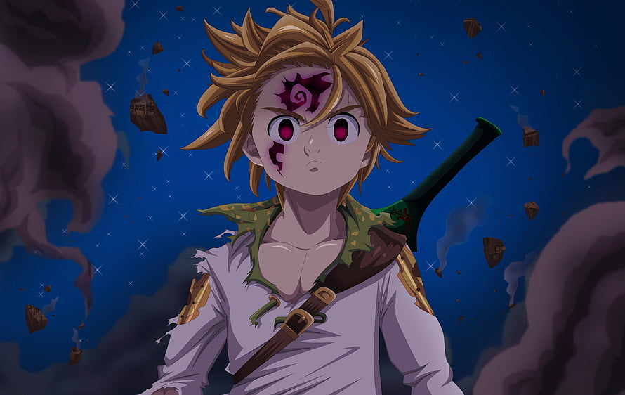 Meliodas from Seven Deadly Sins with dark mark on forehead and sword in dramatic night scene HD wallpaper
