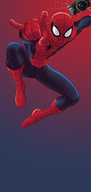 Spider-Man Dynamic Action Pose with Camera and Web Design HD phone wallpaper