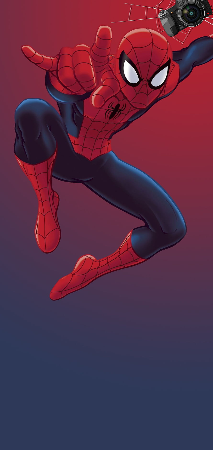 Spider-Man Dynamic Action Pose with Camera and Web Design HD phone wallpaper