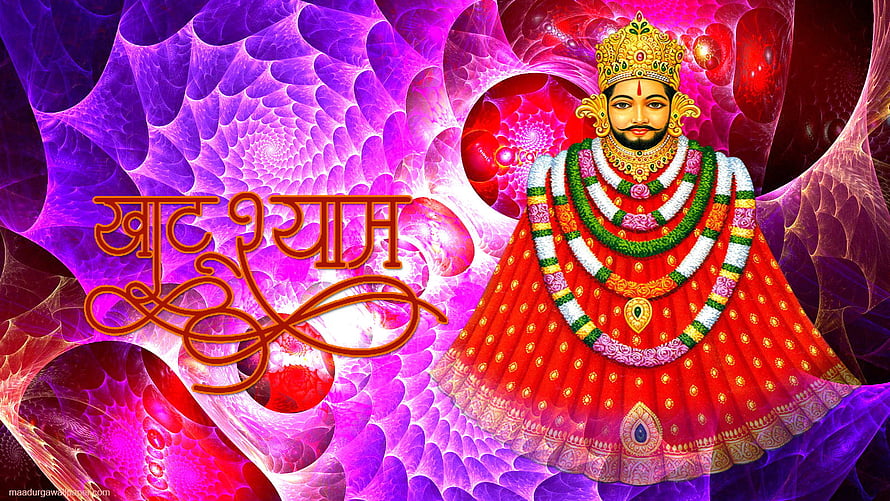 Khatu Shyam Ji Devotional Portrait in Red Attire with Ornate Crown and Floral Garlands HD wallpaper